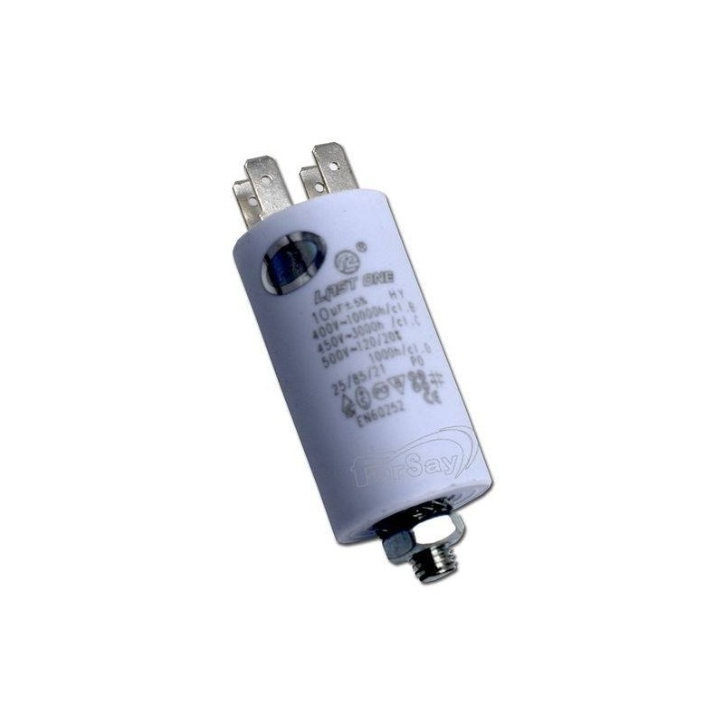 CONDENSADOR PERMANENTE 10MF, 450V, DIAMETRO 3,2 CM, LARGO 5,5 CM, LARGO TOTAL 8 CM.